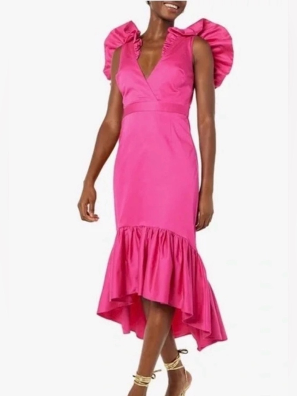 Pink Ruffle-Shoulder High-Low Dress